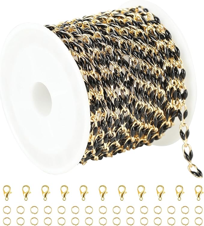 Black Oil Drip Chain for Jewelry Making, Gold Plated Brass Cable Link Chain Spool with Jump Rings and Lobster Clasps Jewelry Findings