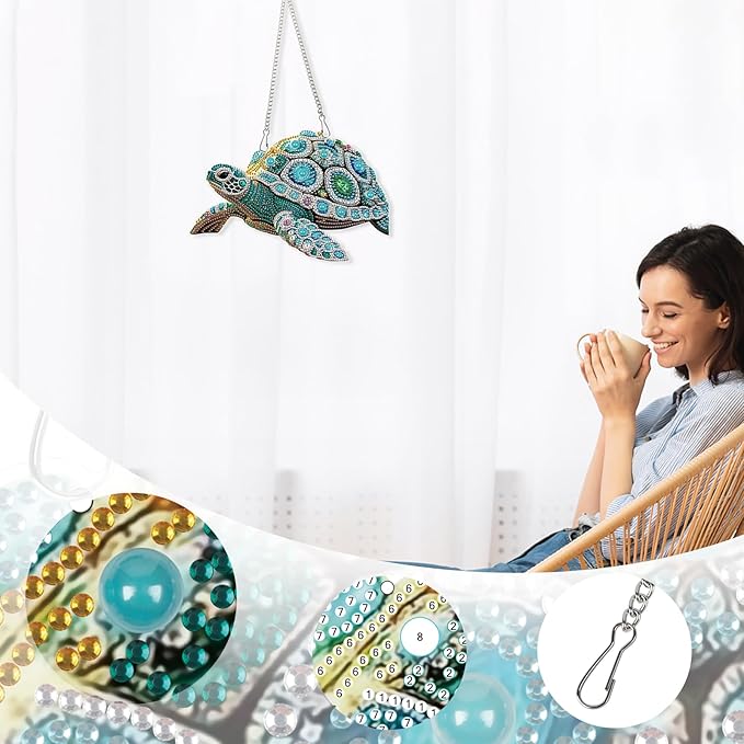 DIY Diamond Painting Sea Turtle Hanging Ornament Kit – 5D Crystal Turtle Wall Art Craft with Chain – Ocean Animal Rhinestone Suncatcher Decoration for Home Window Door Balcony Gift Idea