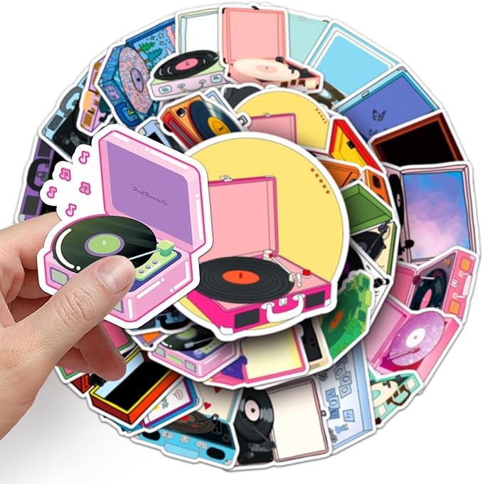 Retro Record Player Stickers for Scrapbooking,50 Pcs Vintage Vinyl Player Decals, Waterproof Vinyl Stickers for Journals, Laptops, Home Decor, Ideal for Music Lovers Adults(Record Player)