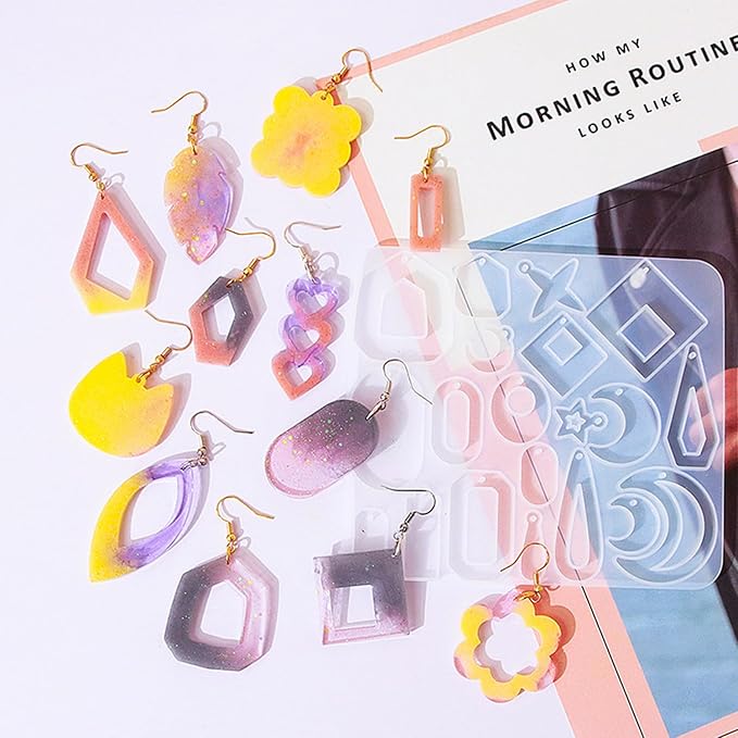 104Pcs Geometric Resin Earring Molds Kit, Flower Shaped Earrings Silicone Mold for Epoxy Resin Dangle Drop Jewelry Molds Making Kit with 100 Earring Hook for Earrings Necklace Pendants (Irregular)