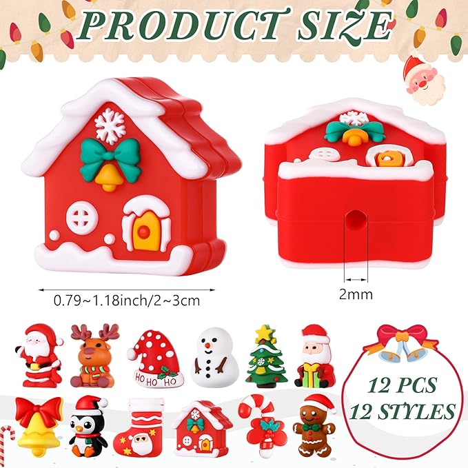 12 Pcs Christmas 3D Silicone Focal Beads for Pens Xmas Character Beads Bulk Funny Snowman Tree Gingerbread Santa Claus for Keychain DIY Crafts Necklace Bracelet Lanyards Making Kit Supplies
