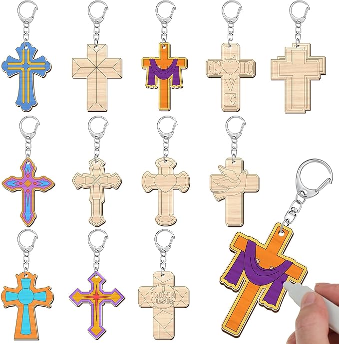 Trnayi 36 Pcs Religious Cross DIY Wooden Keychain Crafts Color Your Own Cross Wood Keychains Unfinished Sunday School Christian Gifts Blank Love God Kits for Art Easter Party Home Activities