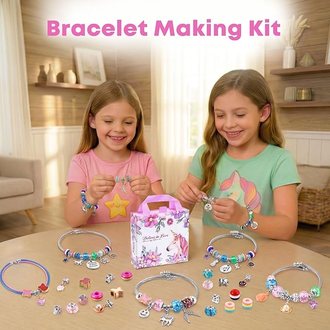 COO&KOO Girls Charm Bracelet Making Kit: Girls Toys Age 6-8, Gifts for 6 7 8 9 10 Year Old Girl Birthday Gift, Unicorn Jewelry Making Kit Crafts for Girl 8-12, Arts and Crafts for Kids Ages 8-12