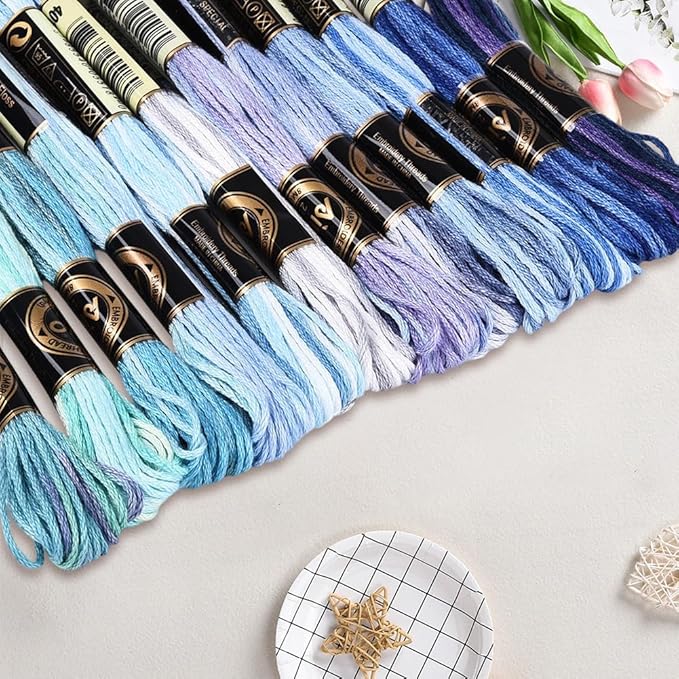 12 Skeins 105 Yards Blue Embroidery Thread Variegated Cross Stitch Floss Bulk 6 Ply Polyester Yarn Colorful Friendship Bracelet String for Sewing Making Needlecraft Knitting Stitching DIY
