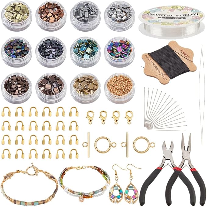 NBEADS About 480 Pcs 2-Hole Beads Kit, Metallic Colors Glass Seed Beads Kit Including Elastic Thread Pliers Cutter and About 344 Pcs Glass Seed for Jewelry Bracelet Earring Making