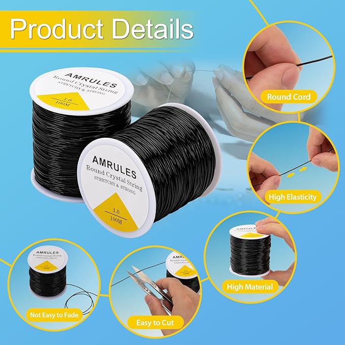 2 Rolls 1mm Elastic String for Bracelets, 656 Feet Crystal Stretchy String Clay Bead Cord for Bracelet Beading Necklace Jewelry Crafts Making, Black