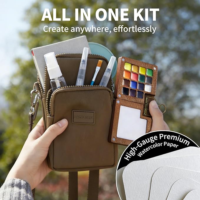 Mini Watercolor Paint Set, All-in-One 15-Color Walnut Wood Travel Kit with Crossbody Bag, Watercolor Journal, Metal Clip, Water Cup, Water Brush, Portable Pocket Art Set for Adult Art Lovers (Brown)