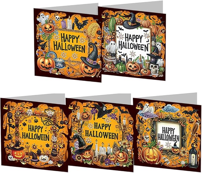 5D DIY Diamond Painting Greeting Card Kit, Diamond Art Halloween Pumpkin Gnome Holiday Greeting Card, Art Crafts Kit Creative Gift with Envelope (5pcs-Black)