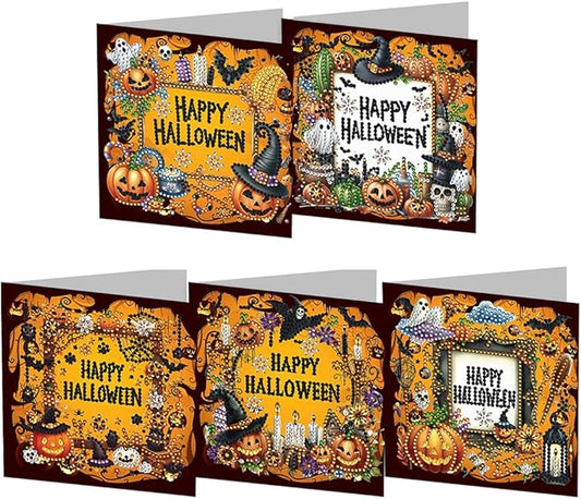 5D DIY Diamond Painting Greeting Card Kit, Diamond Art Halloween Pumpkin Gnome Holiday Greeting Card, Art Crafts Kit Creative Gift with Envelope (5pcs-Black)