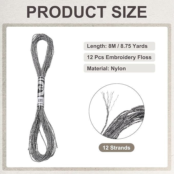 PATIKIL 12 Skeins Embroidery Floss, Metallic Embroidery Thread Nylon Threads Bracelets String for Cross-Stitch Hand Embroidery, Gray