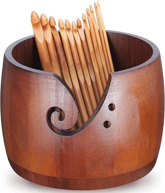 Patelai 6.7 x 6.7 x 4.7 Inch Wooden Yarn Bowl Crocheting Round Knitting Wool Storage Yarn Bowl Handmade with Holes 12 Pieces Crochet Hooks for Knitting DIY Crafts Tools (Dark Brown)