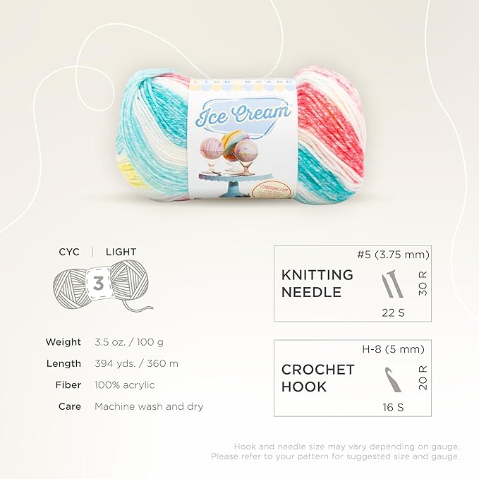 Lion Brand Yarn, Ice Cream Baby Yarn for Knitting, Crochet, and Crafts, Funfetti, 1 Pack, DK Weight Colorful Acrylic Fiber for Baby Blankets, Hats, and Sweaters