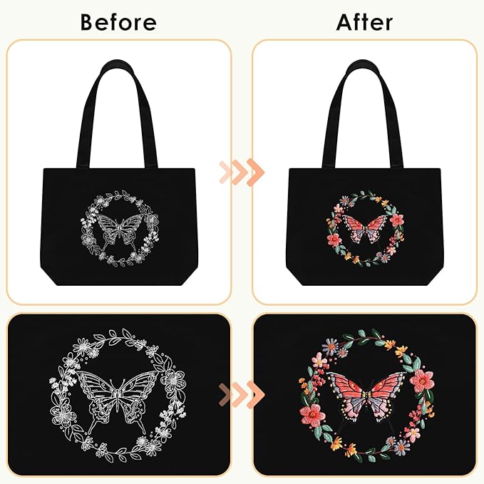 ERKOON Embroidery Canvas Tote Bag for Beginners, Floral Arts Crafts Cross Stitch Kits for Adults Including Stamped Embroidery Bag with Hoops, Needle, Instruction and Color Threads (Butterfly)