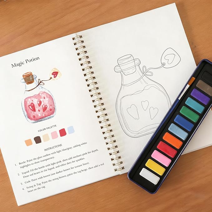 Beginner Watercolor Painting Kit Watercolor Workbook Coloring Book 12 Colors Paint Set with Brush, DIY Valentine's Day Cards Easily Master Beginner Friendly Watercolor Paint Set Valentine's Day Gifts for Adults Teens. (Valentine's Day)