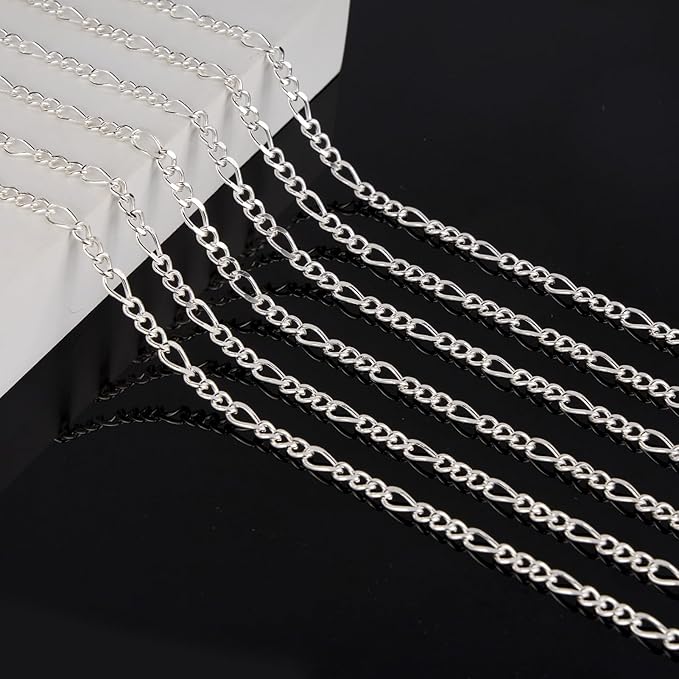 KYUNHOO 13 FT/4M Silver Plated Jewelry Chain Roll Figaro Curb Links Necklace Chains Bulk with Lobster Clasps Jump Rings for Women Men Making Jewelry Crafts