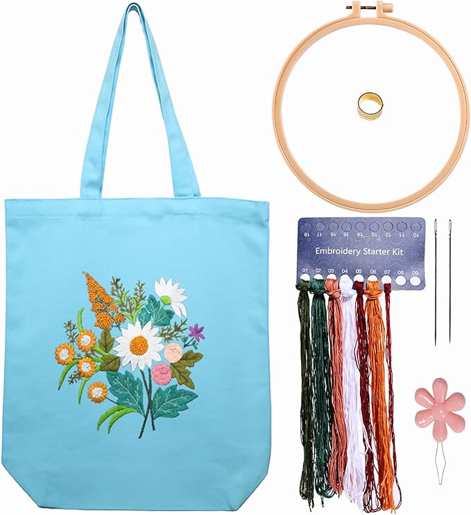 Canvas Tote Bag Embroidery Kit with Pattern for Beginners, Arts and DIY Embroidery Crafts Kits for Adults, Instructions, thimble, Embroidery Hoops, Color Threads (lightblue, CR002 chenhuicaoxin)