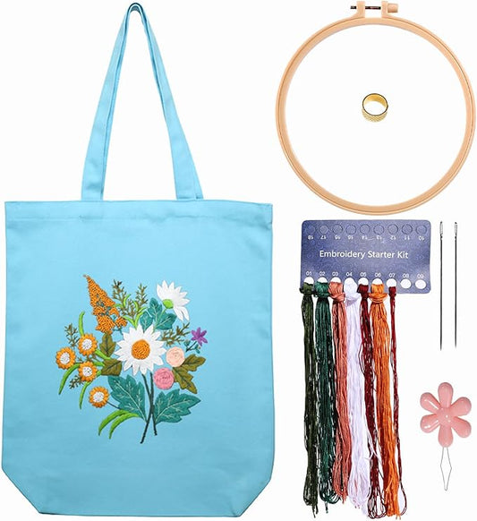 Canvas Tote Bag Embroidery Kit with Pattern for Beginners, Arts and DIY Embroidery Crafts Kits for Adults, Instructions, thimble, Embroidery Hoops, Color Threads (lightblue, CR002 chenhuicaoxin)