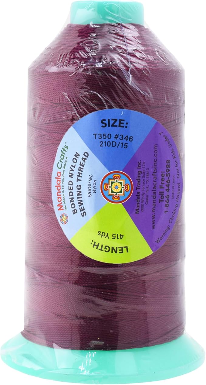 Mandala Crafts Size 346 210D T350 Bonded Nylon Thread - Burgundy 415 YDs Tex 350 Heavy Duty Sewing Threads for Leather, Jeans, Weaving, Outdoor Marine Upholstery