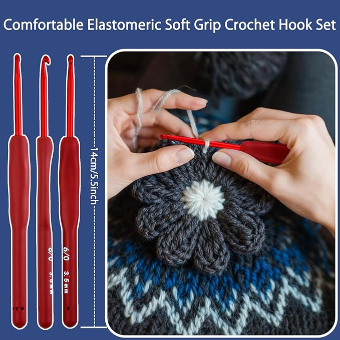 9 Sizes Crochet Hook Set,2mm-6mm Aluminum Crochet Kit for Beginners,Yarn Ergonomic Crochet Needles with Soft Grips for Arthritic Hands,Crochet Set with Small Tools,Ideal Crocheting Supplies,Red