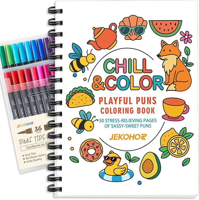 Adult Coloring Book,Coloring Books for Adults Relaxation with 36 Markers,Funny Chill-Sweet Puns Includes 30 Pattern,Anxiety Relief-The Perfect Mindfulness Stress-Relieving Gifts for Women