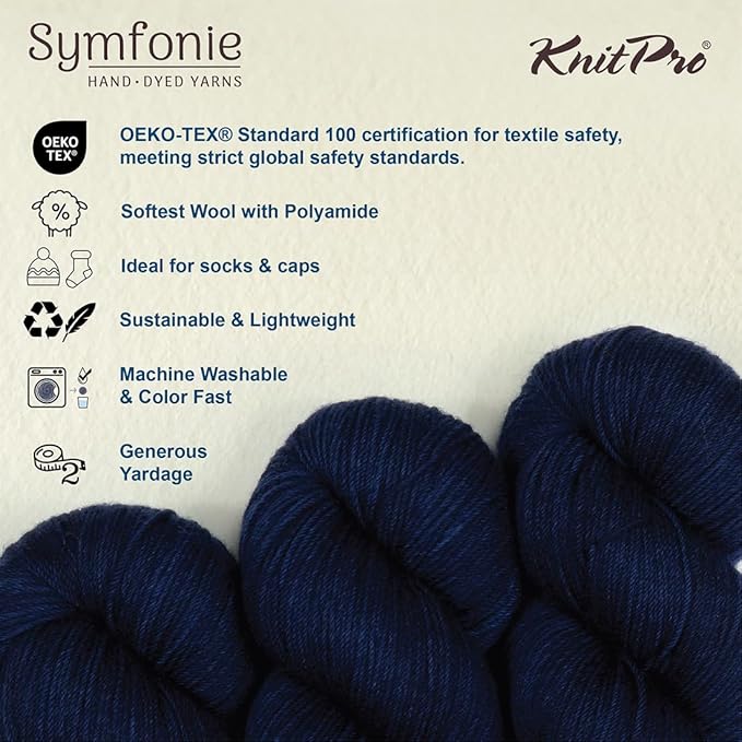 KnitPro Symfonie Fingering Weight Hand Dyed Semi-Solid Yarn Skein | Extra Fine Merino Wool & Polyamide Blend for Knitting & Crocheting, Oeko-TEX Certified 400m, 100g | Terra Delhi Blue