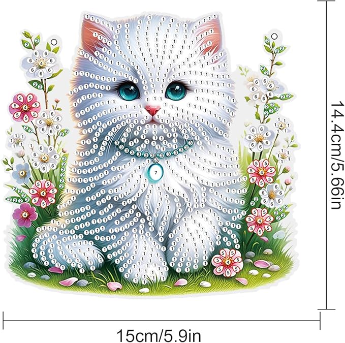 White Cat Diamond Painting Hanging Kit, 5D DIY Acrylic Diamond Art Pendant with Special Shaped Rhinestones, Stained Glass Style Wall, Door or Window Decoration, Handmade Craft Gift for Adults