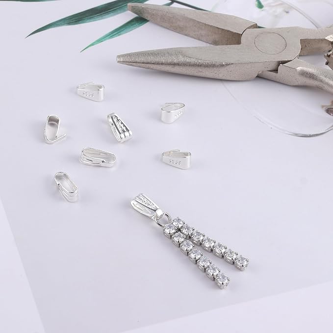 Silver Necklace Pendant Clasp, 8 Pcs Bulk Necklace Pendant Pinch Bail Jewelry Clasps Bracelet Charms Connector Sterling Silver Findings Pinch Clips Snap Bails for Jewelry Making