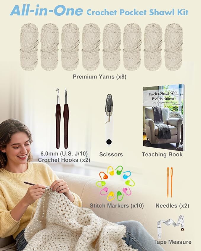Arborthread Crochet Kit for Beginners, Easy Pocket Shawl & Scarf Crochet Kit for Adults w/Ample Premium Yarn to Fit Different Sizes, Step-by-Step Video & Instructions, Light Khaki