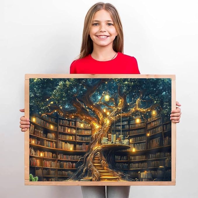 Bookstore Stamped Cross Stitch Kits for Adults -Tree House Embroidery Kits for Beginners Adults,11 CT Patterns Dimensions Counted Cross Stitch Kits for Adults Arts Craft 12x16 inch