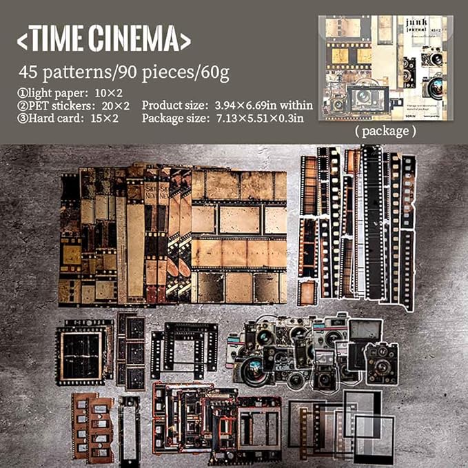 Vilikya 90Pcs Film Scrapbook Stickers Pack for Junk Journal Supplies, Movie-Themed Decoupage Paper for Scrapbooking Kit, PET Film Strip Tape & Photo Frame Cards for Bullet Journaling Decorative