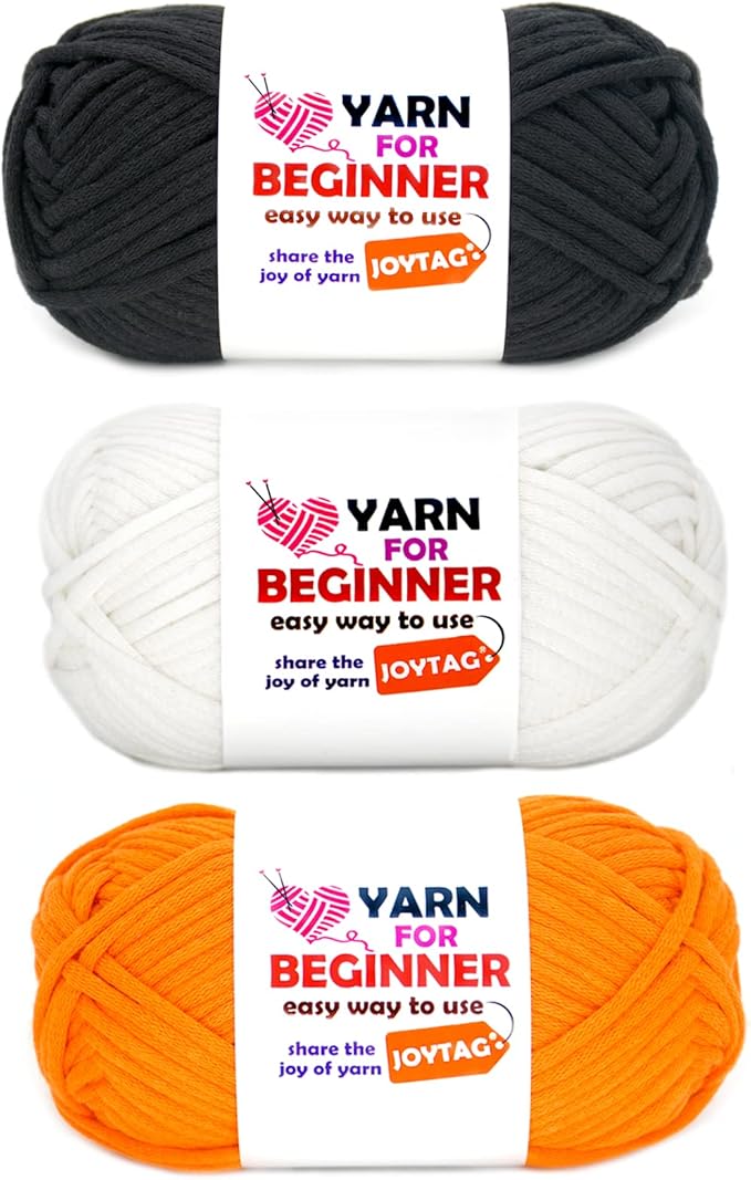 Yarn for Crocheting and Knitting Cotton Crochet Knitting Yarn for Beginners with Easy-to-See Stitches Cotton-Nylon Blend Easy Yarn for Beginners Crochet Kit(3x50g)-Orange+White+Black