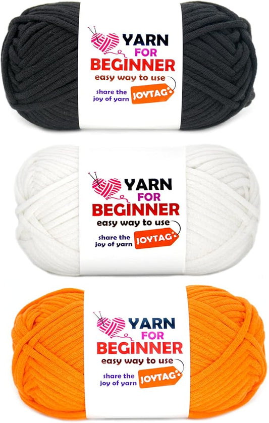 Yarn for Crocheting and Knitting Cotton Crochet Knitting Yarn for Beginners with Easy-to-See Stitches Cotton-Nylon Blend Easy Yarn for Beginners Crochet Kit(3x50g)-Orange+White+Black