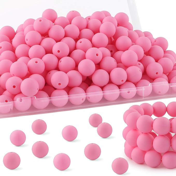 Silicone Beads, 150Pcs 15mm Round, Pink for Keychain Making, Bracelet Making, Necklace Making and Pens