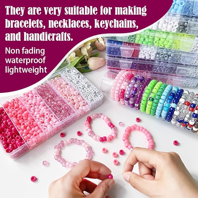 MIIIM 1300 Pcs Pony Beads Kit for Friendship Bracelet, 6 Styles Kandi Bracelet Kit in Box with Individual Compartments, Hair Beads for Braids, Letters (Pink Shades)