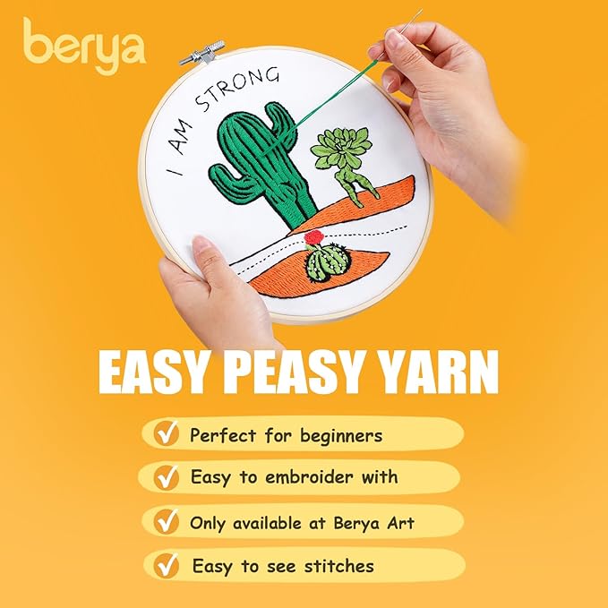 BERYA Funny Cactus Embroidery Kit with Embroidery Hoop, Easy Embroidery Kit for Beginners, Include Instructions, Display Stand, Printed Cloth, Threads and Tools - with Video Tutorials (BEC004)