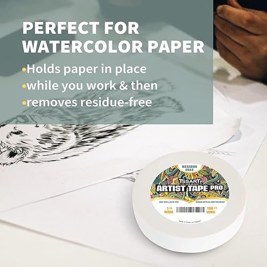 White Artist Tape Pro - Low Tack Masking Artists Tape for Drafting Art Watercolor Painting and All Paper Media - Acid Free 1inch Wide 180FT Long
