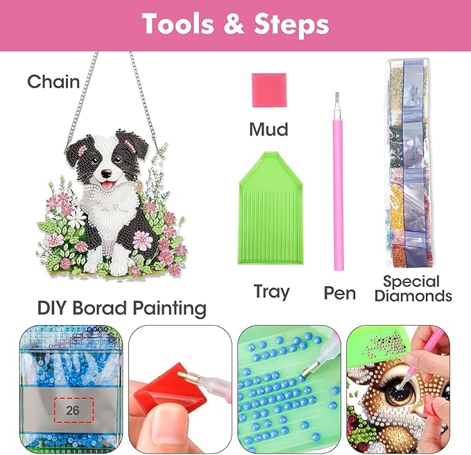 Miwixy Dog Hanging Diamond Art Kits for Adults,Black White Flowers Special Shaped Crystal Diamond Painting Ornament Kit DIY Double-Sided Pattern Window Pendant Gem Art Kit for Home Wall Decor