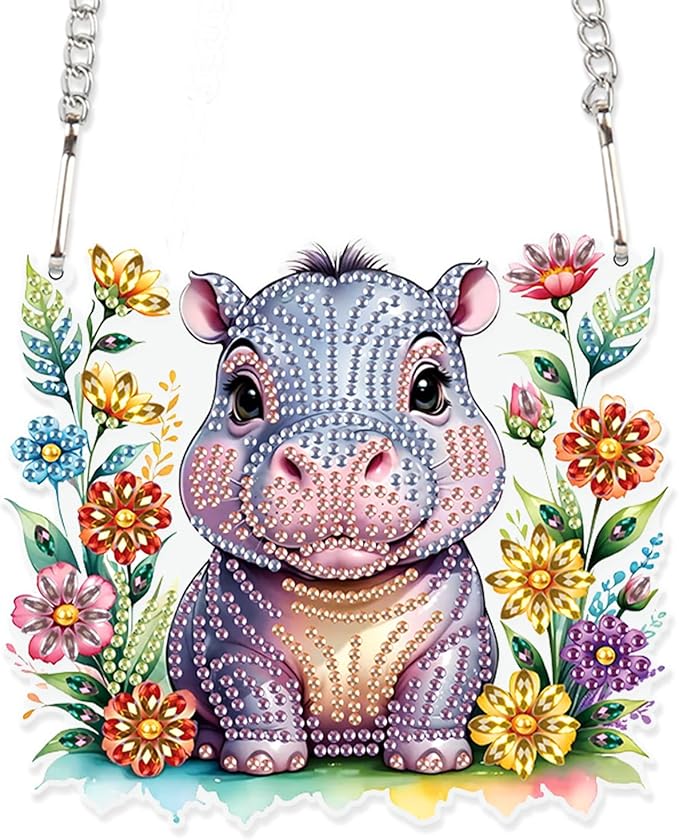 AiYuanzsh DIY Diamond Art Painting Hanging Kit Hippo, Acrylic 5D Diamond Painting Pendant Ornament Board Kit, Home Garden Wall Door Diamond Art Hanging Ornament