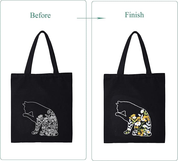 harimau beginner canvas tote bag embroidery kit,black kitten pattern,cross stitch kits, including stamped embroidery bag with 1 embroidery hoops,needle, instructionmanual and color threads