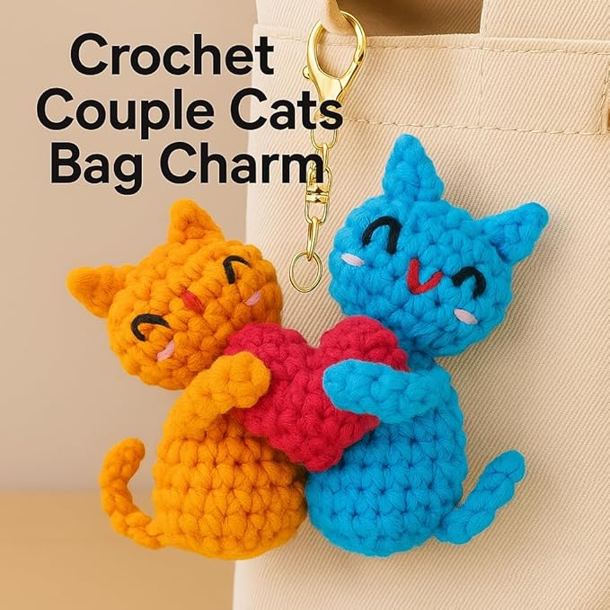 Love Heart Cat Crochet Kit for Beginners, Learn to Crochet Animal Starter Set with Video Tutorial & Crocheting Manual, Easy Yarn Knitting Kit for Adult & Kid 12+, Stuffed Kitten Doll Xmas Gift Idea