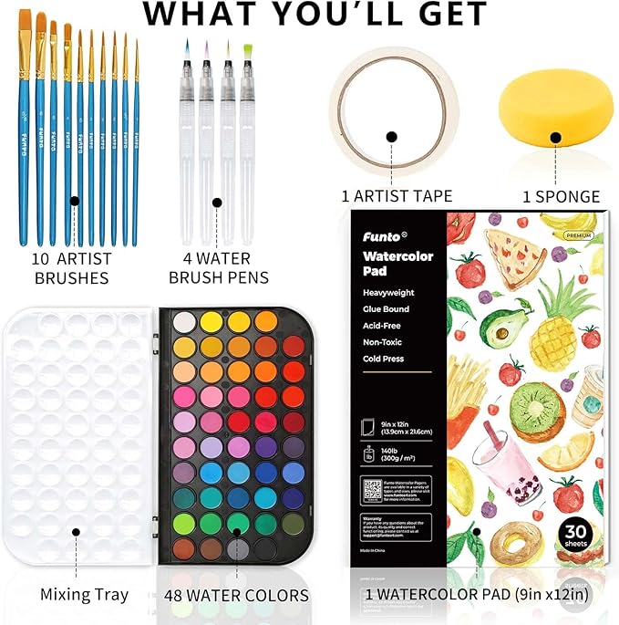 Funto Watercolor Set, 48 Color Paint Set, 10 Brushes, 30 Page Pad(9"x12"), 4 Refillable Pens & More, Painting Kit for Kids, Adults, Beginners