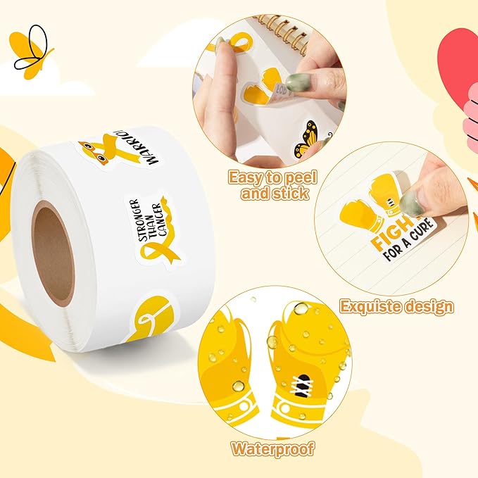 beyumi childhood cancer awareness sticker - 1000pcs pediatric cancer awareness stickers in 2 rolls waterproof vinyl gold ribbon decals school event campaign laptop bottle luggage decor for kids teens