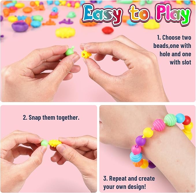 funzbo 650pcs pop beads - jewelry making kit for 3 4 5 6 7 8 year old little girls, arts and crafts toys for kids, necklace bracelet creativity snap set birthday gifts, valentines day gifts for kids
