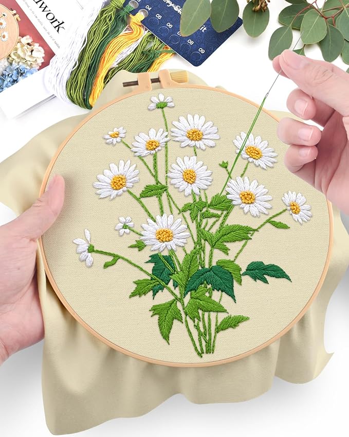 ERKOON Embroidery Kit for Beginners, Flower Cross Stitch Set Include Embroidery Cloth Hoops Threads for Craft Lover Hand Stitch with Embroidery Skill Techniques (Daisy)
