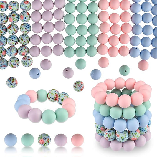 ASTARON 100 Pcs 15mm Silicone Beads for Keychain Making, Light Pink Purple Blue Beads Bulk Round Beads for Bracelets Crafts Beadable Pens Decorations Jewelry Making Supplies