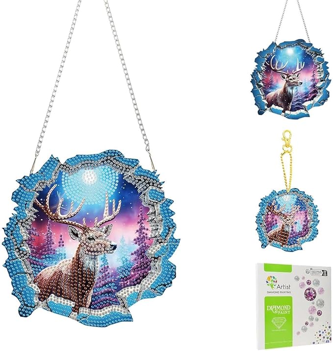 Masendp Deer Diamond Painting Hanging Ornament Kit, DIY Special Shaped Rhinestone Window Hanging Kit, Suitable for Home and Garden Wall Decoration Gifts
