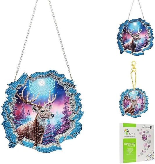 Masendp Deer Diamond Painting Hanging Ornament Kit, DIY Special Shaped Rhinestone Window Hanging Kit, Suitable for Home and Garden Wall Decoration Gifts