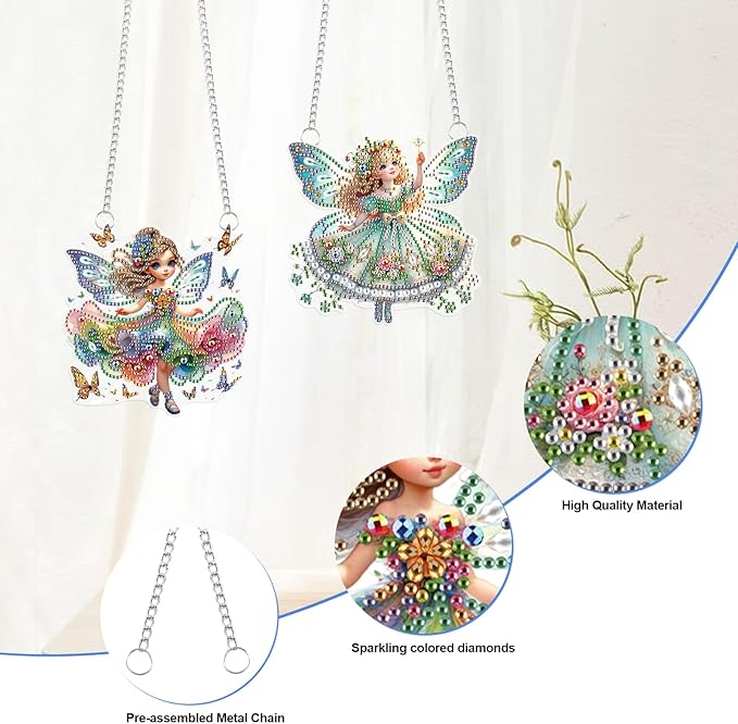 2 Pcs Diamond Painting Fairy Ornaments – DIY Acrylic Hanging Decorations with Chains, Cute Butterfly Flower Elf Girl Design for Home Decor, Gifts, and Crafts