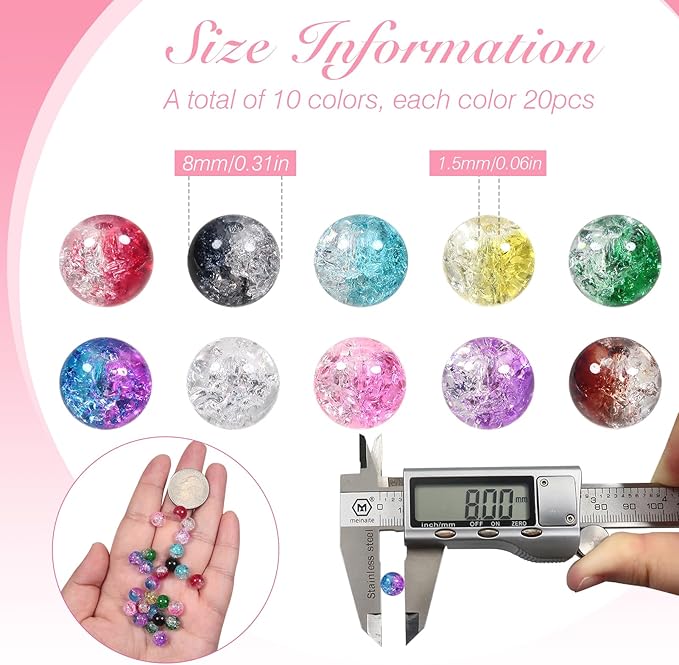 TOAOB 200pcs 8mm Mixed Crackle Glass Beads Kit Lampwork 10 Colors Glass Beads Round Loose Spacer Beads Craft Supplies for Bracelets Jewelry Making Accessories and DIY Crafts