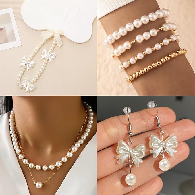 1662 Pcs Pearl Beads for Bracelet Making Kit Gold Spacer Beads for Jewelry Making Pearl Bow Bracelet Bead Charms Necklace Earrings DIY Craft for Women Adult Pearls Bead for Crafting